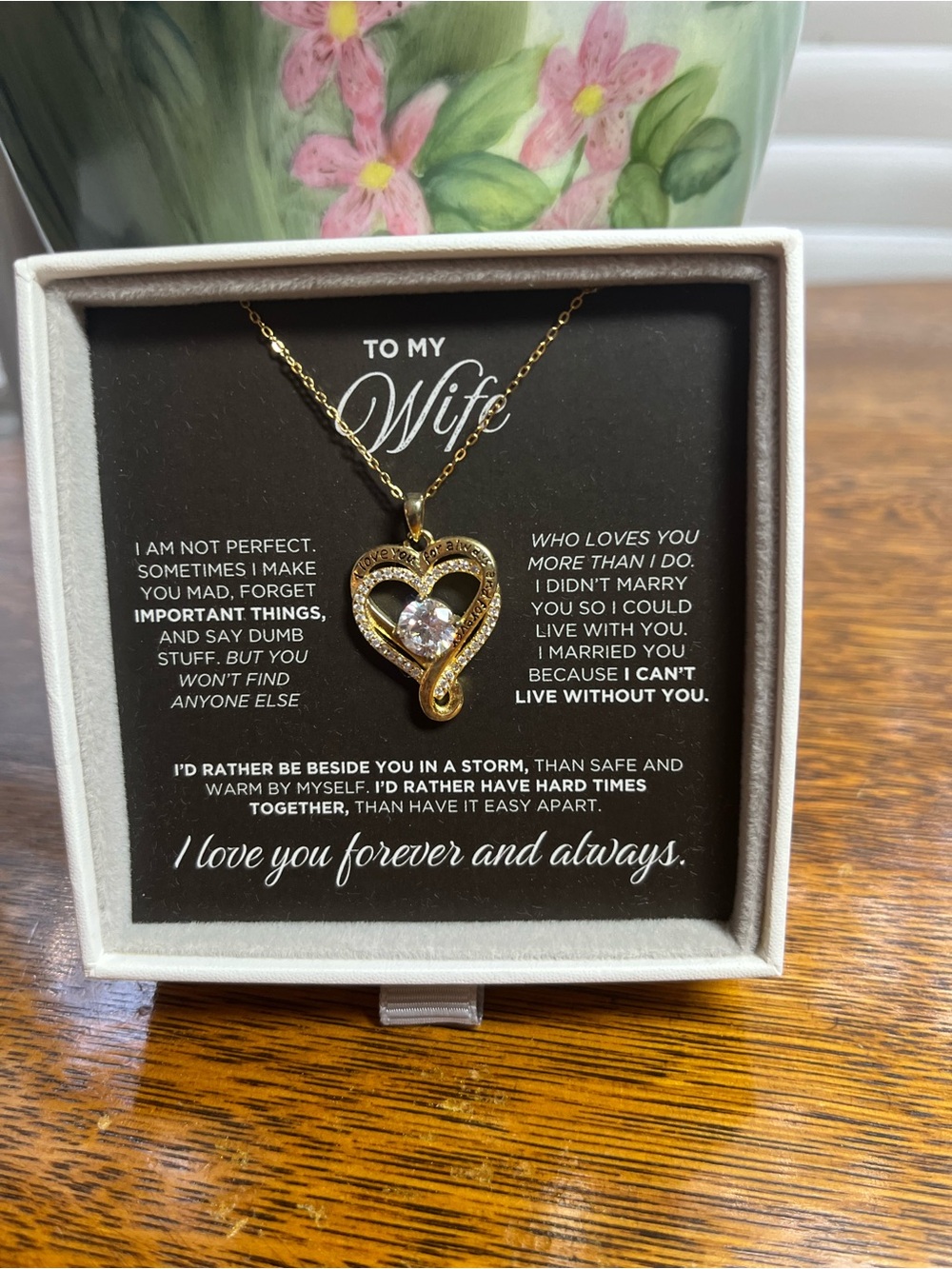S925 Gold Heart Pendant Necklace with Clear Crystal - To My Wife